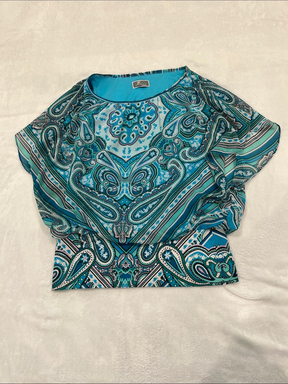 JM Collection Turquoise Paisley Flutter-Sleeve Blouse